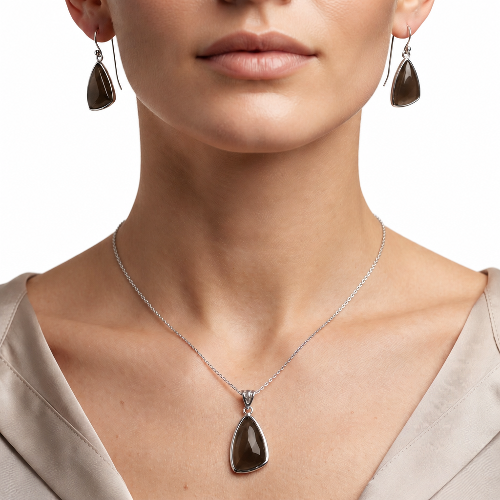 Smoky Quartz - Brazil Pendant Earrings Set T-1002 DGT01025
