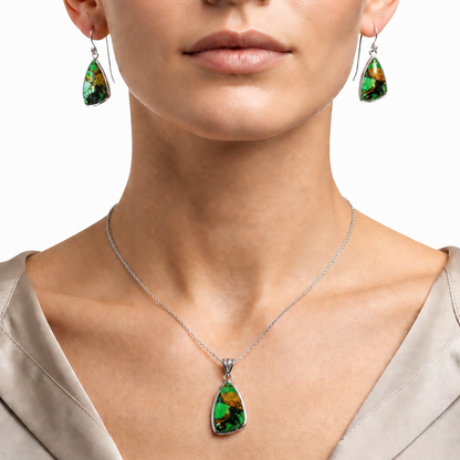 Green Matrix Turquoise Pendant Earrings Set T-1002 DGT01011