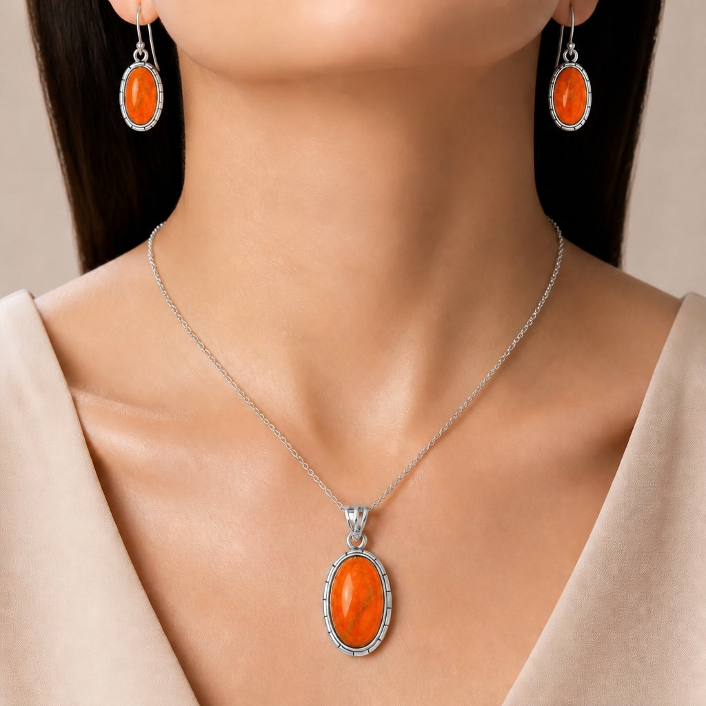 Red Sponge Coral Pendant Earrings Set T-1006 DGT01037