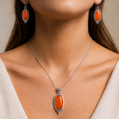 Red Sponge Coral Pendant Earrings Set T-1007 DGT01041