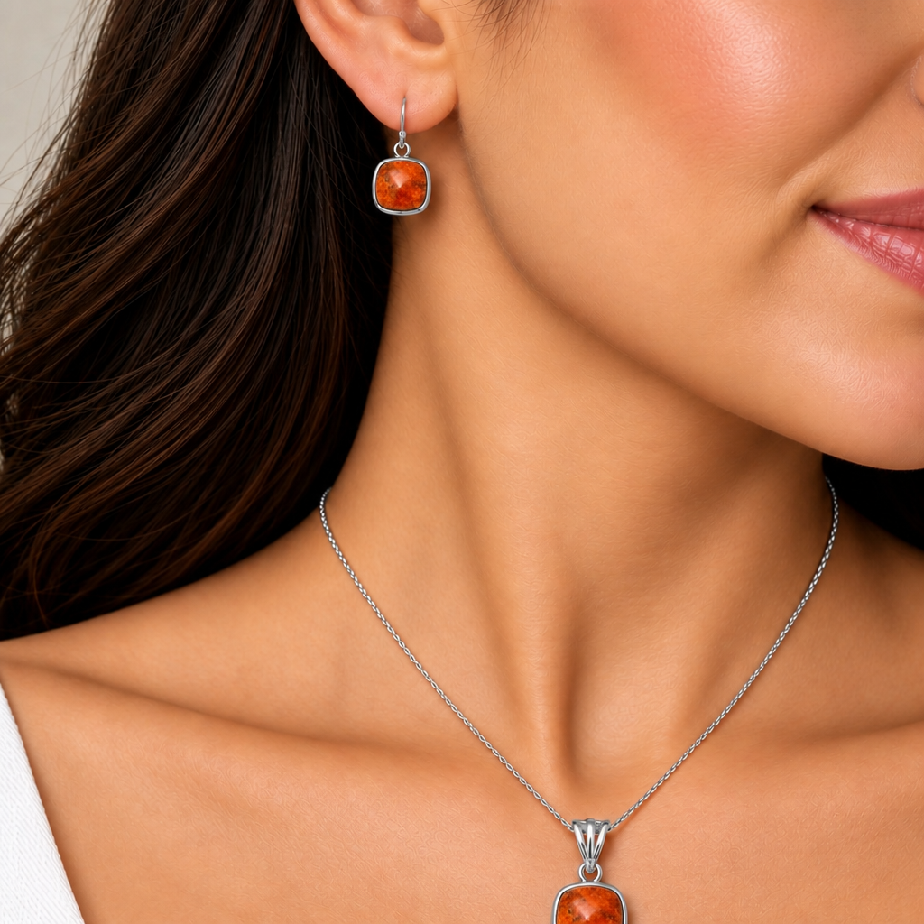 Red Sponge Coral Pendant Earrings Set T-1002 DGT01031