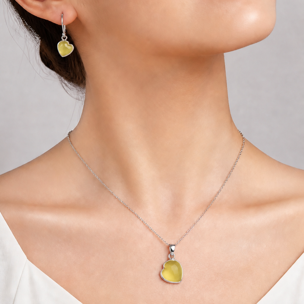 Heart Milky Lemon Quartz Pendant Earrings Set T-1004 DGT01045