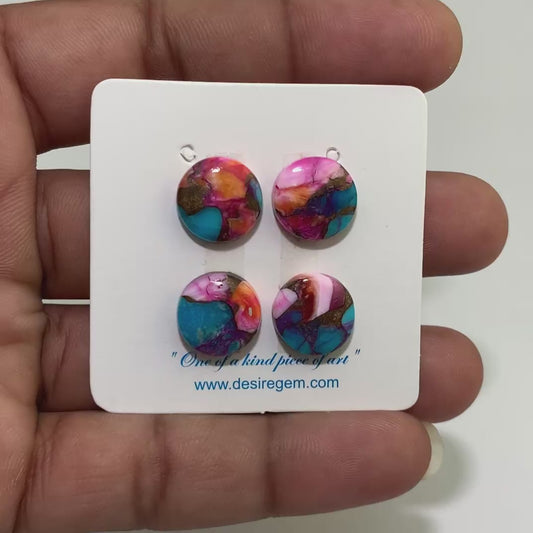 Natural Kingman Orange Dahlia Turquoise 13x13x4 mm Round Shape Polished Gemstone Set of 4 LS78-09456