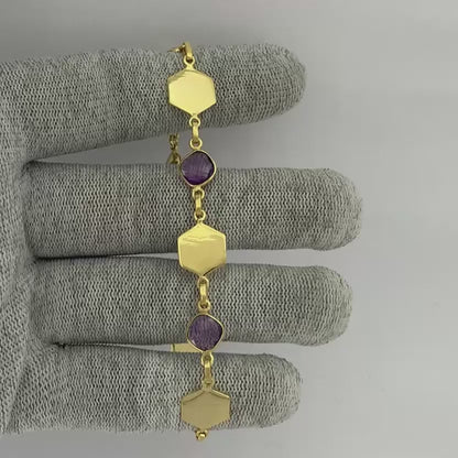 18K Gold Plated Hexagon Gemstone Link Bracelet Jewelry for Women TGB1004 BM-1050