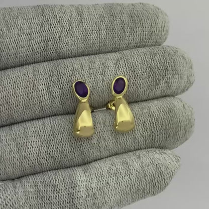 Handcrafted Oval Colorful Gemstone Huggie Earrings 18K Gold Plated TGE1026 EM-1279