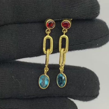 Handcrafted Two Stone Gemstone Drop Earrings 18K Gold Plated Jewelry TGE1014 EM-1265