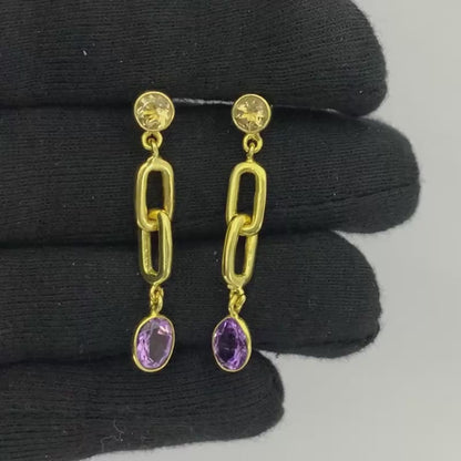 Handcrafted Two Stone Gemstone Drop Earrings 18K Gold Plated Jewelry TGE1014 EM-1265
