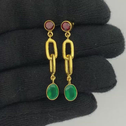 Handcrafted Two Stone Gemstone Drop Earrings 18K Gold Plated Jewelry TGE1014 EM-1265