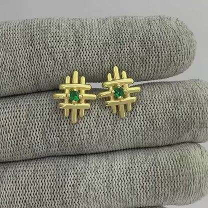 18K Gold Plated Grid Gemstone Stud Earrings, Elegant Modern Look TGE1034 EM-1289