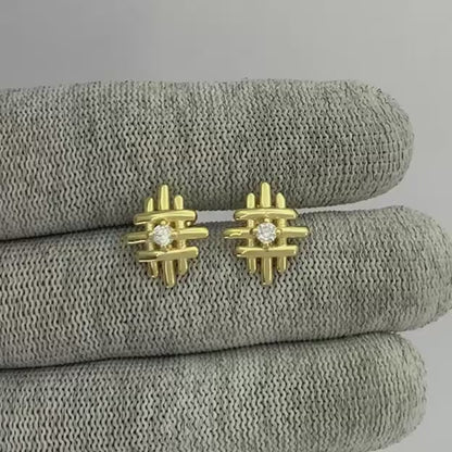 18K Gold Plated Grid Gemstone Stud Earrings, Elegant Modern Look TGE1034 EM-1289