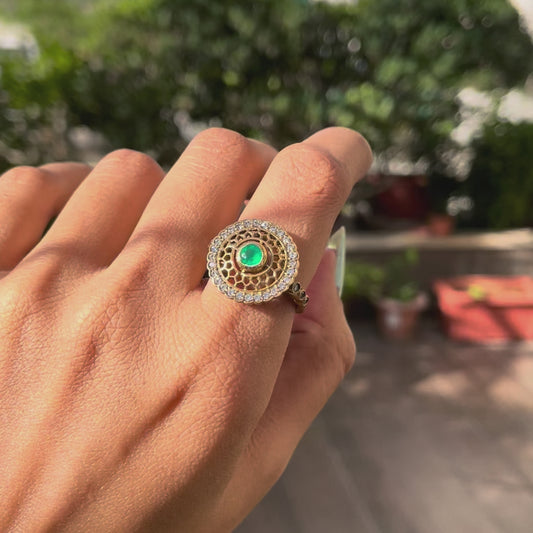 18K Gold Plated Round Halo Gemstone Ring Jewelry with CZ Accents TGR1009 RM1735