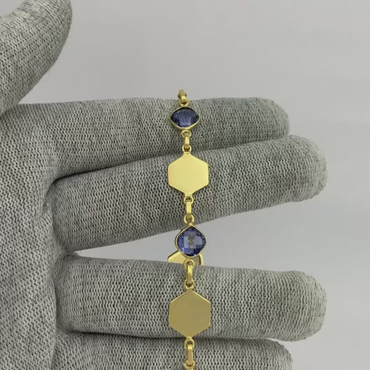 18K Gold Plated Hexagon Gemstone Link Bracelet Jewelry for Women TGB1004 BM-1050