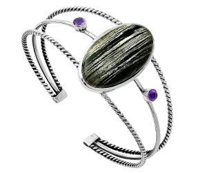 Silver Leaf Obsidian Cuff Bangle Bracelet SDB4355 B-1011, 17x30 mm