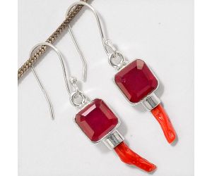 Lab Created Pink Rubellite and Coral Stick Earrings SDE17111 E-1163, 8x8 mm