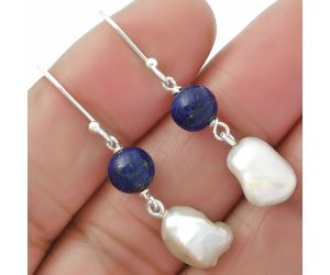 Natural Fresh Water Biwa Pearl & Lapis Earrings SDE64153 E-1010, 9x12 mm