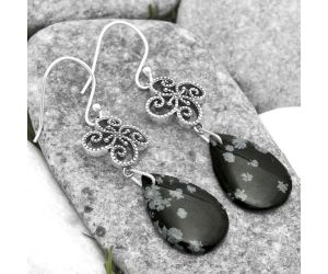 Artisan - Natural Snow Flake Obsidian Earrings SDE65082 E-1235, 14x22 mm