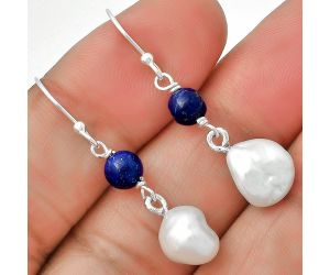 Natural Fresh Water Biwa Pearl & Lapis Lazuli Earrings SDE70546 E-1010, 9x9 mm