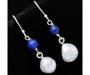 Natural Fresh Water Biwa Pearl & Lapis Lazuli Earrings SDE70546 E-1010, 9x9 mm