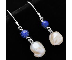Natural Fresh Water Biwa Pearl & Lapis Lazuli Earrings SDE70549 E-1010, 9x11 mm