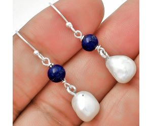 Natural Fresh Water Biwa Pearl & Lapis Lazuli Earrings SDE70554 E-1010, 8x9 mm