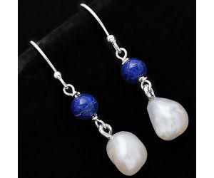 Natural Fresh Water Biwa Pearl & Lapis Lazuli Earrings SDE70554 E-1010, 8x9 mm