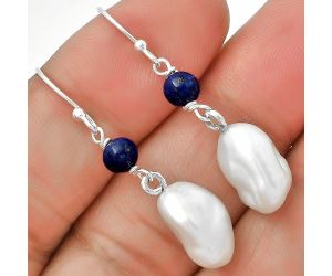 Natural Fresh Water Biwa Pearl & Lapis Lazuli Earrings SDE70555 E-1010, 9x13 mm