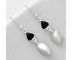 Natural Fresh Water Biwa Pearl & Black Onyx Earrings SDE70657 E-1011, 9x12 mm
