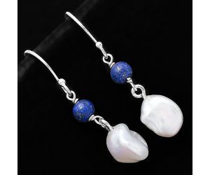 Natural Fresh Water Biwa Pearl & Lapis Lazuli Earrings SDE70659 E-1010, 8x11 mm