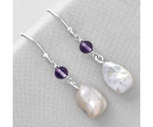 Natural Fresh Water Biwa Pearl & Amethyst Earrings SDE70668 E-1011, 9x13 mm