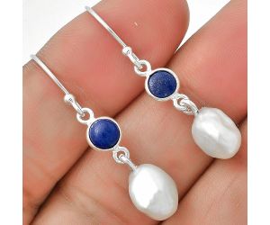 Natural Fresh Water Biwa Pearl & Lapis Lazuli Earrings SDE70694 E-1011, 9x10 mm