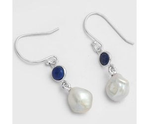Natural Fresh Water Biwa Pearl & Lapis Lazuli Earrings SDE70694 E-1011, 9x10 mm