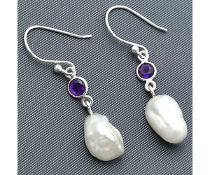 Natural Fresh Water Biwa Pearl and Amethyst Earrings SDE75472 E-1011, 9x12 mm