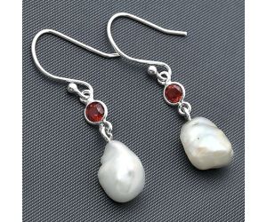 Natural Fresh Water Biwa Pearl and Garnet Earrings SDE75479 E-1011, 9x12 mm