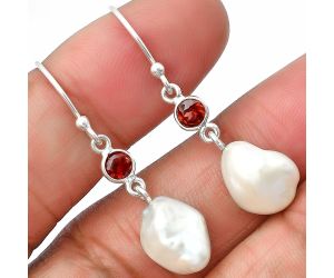 Natural Fresh Water Biwa Pearl and Garnet Earrings SDE75484 E-1011, 9x12 mm
