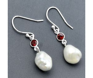 Natural Fresh Water Biwa Pearl and Garnet Earrings SDE75484 E-1011, 9x12 mm