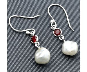 Natural Fresh Water Biwa Pearl and Garnet Earrings SDE75485 E-1011, 9x9 mm