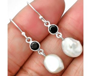 Natural Fresh Water Biwa Pearl and Black Onyx Earrings SDE75491 E-1011, 8x10 mm