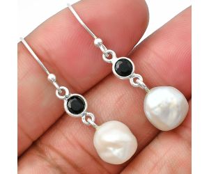 Natural Fresh Water Biwa Pearl and Black Onyx Earrings SDE75492 E-1011, 9x10 mm
