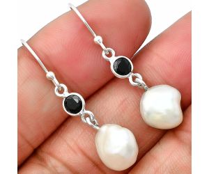 Natural Fresh Water Biwa Pearl and Black Onyx Earrings SDE75495 E-1011, 9x10 mm