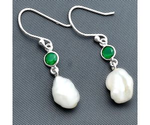 Natural Fresh Water Biwa Pearl and Green Onyx Earrings SDE75501 E-1011, 9x12 mm