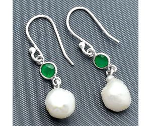 Natural Fresh Water Biwa Pearl and Green Onyx Earrings SDE75503 E-1011, 9x9 mm