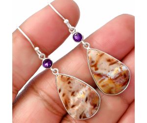 Palm Root Fossil Agate and Amethyst Earrings SDE77538 E-1002, 14x22 mm