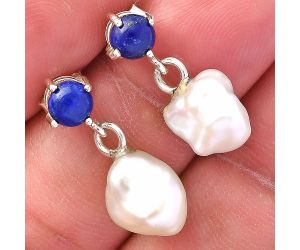 Natural Fresh Water Biwa Pearl and Lapis Lazuli Earrings SDE80146 E-1062, 8x10 mm