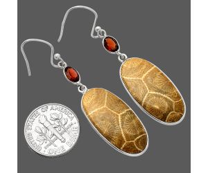 Flower Fossil Coral and Garnet Earrings SDE82159 E-1002, 12x25 mm