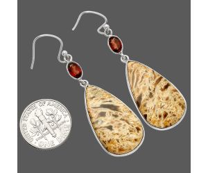 Palm Root Fossil Agate and Garnet Earrings SDE82164 E-1002, 15x26 mm