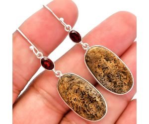Palm Root Fossil Agate and Garnet Earrings SDE82199 E-1002, 13x24 mm