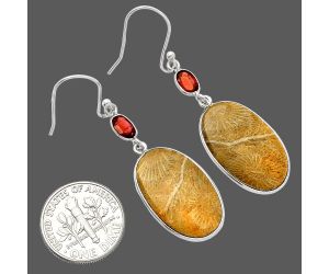 Flower Fossil Coral and Garnet Earrings SDE82215 E-1002, 14x22 mm