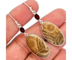 Flower Fossil Coral and Garnet Earrings SDE82297 E-1002, 14x24 mm
