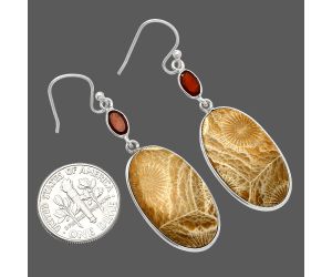 Flower Fossil Coral and Garnet Earrings SDE82297 E-1002, 14x24 mm