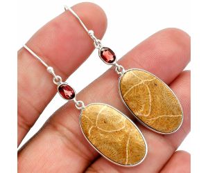 Flower Fossil Coral and Garnet Earrings SDE82307 E-1002, 14x24 mm